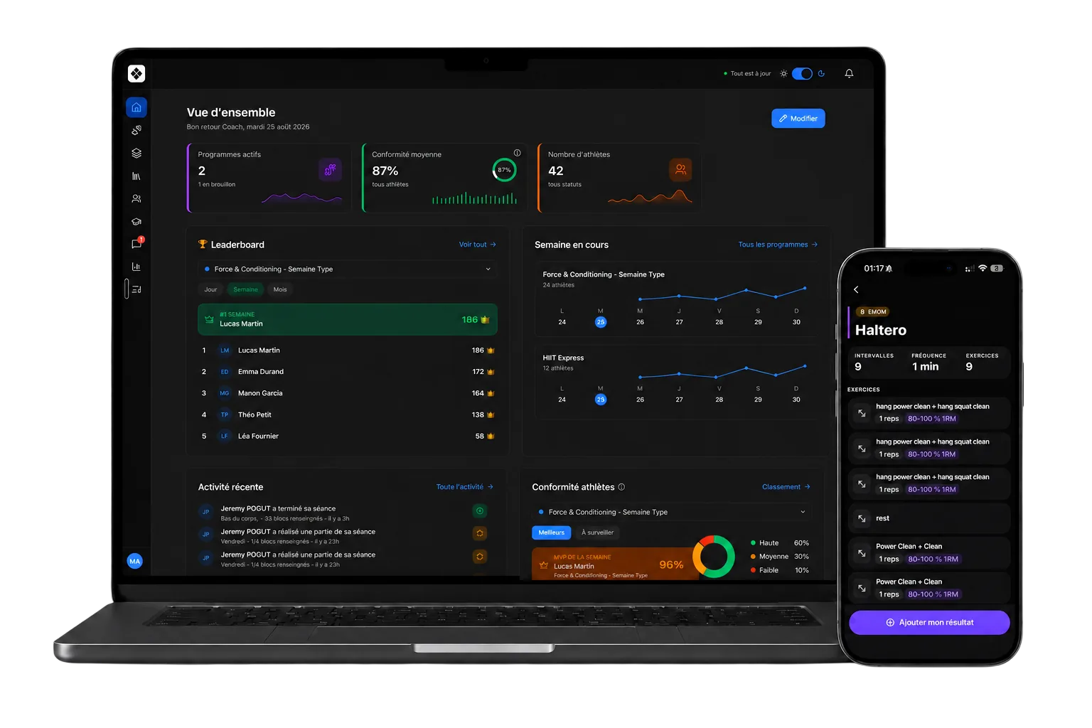 Le tableau de bord coach WIBOCK sur le web, à côté de l’application athlète sur mobile